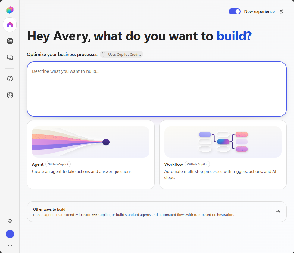 Microsoft Copilot Studio home screen with agent and workflow templates
