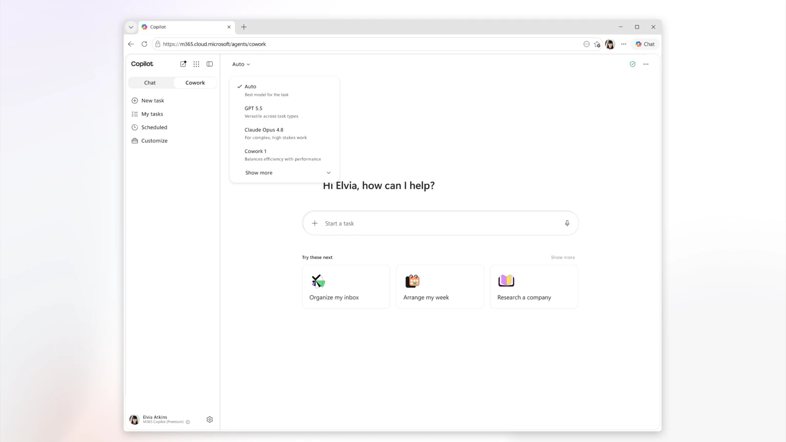 Microsoft screenshot of Copilot Cowork with its task view and the AI model selector open.