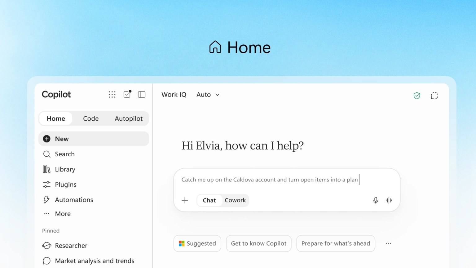 Microsoft product view of Copilot Home with Home, Code and Autopilot, and the Chat or Cowork selector.