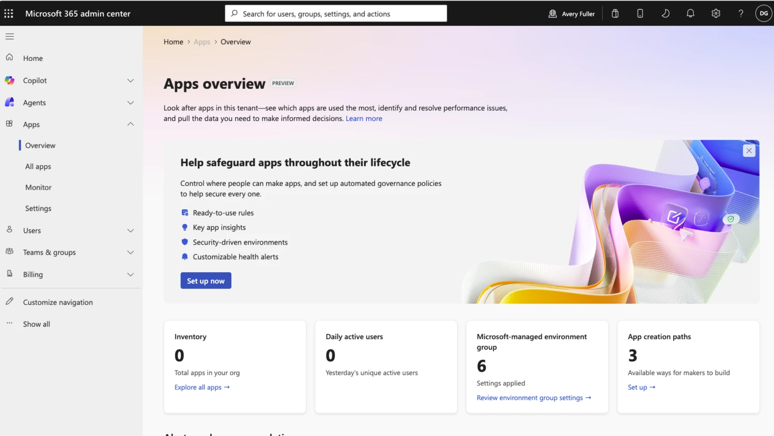 Microsoft screenshot of the Apps overview in the Microsoft 365 admin center, with app inventory and governance policies in preview.