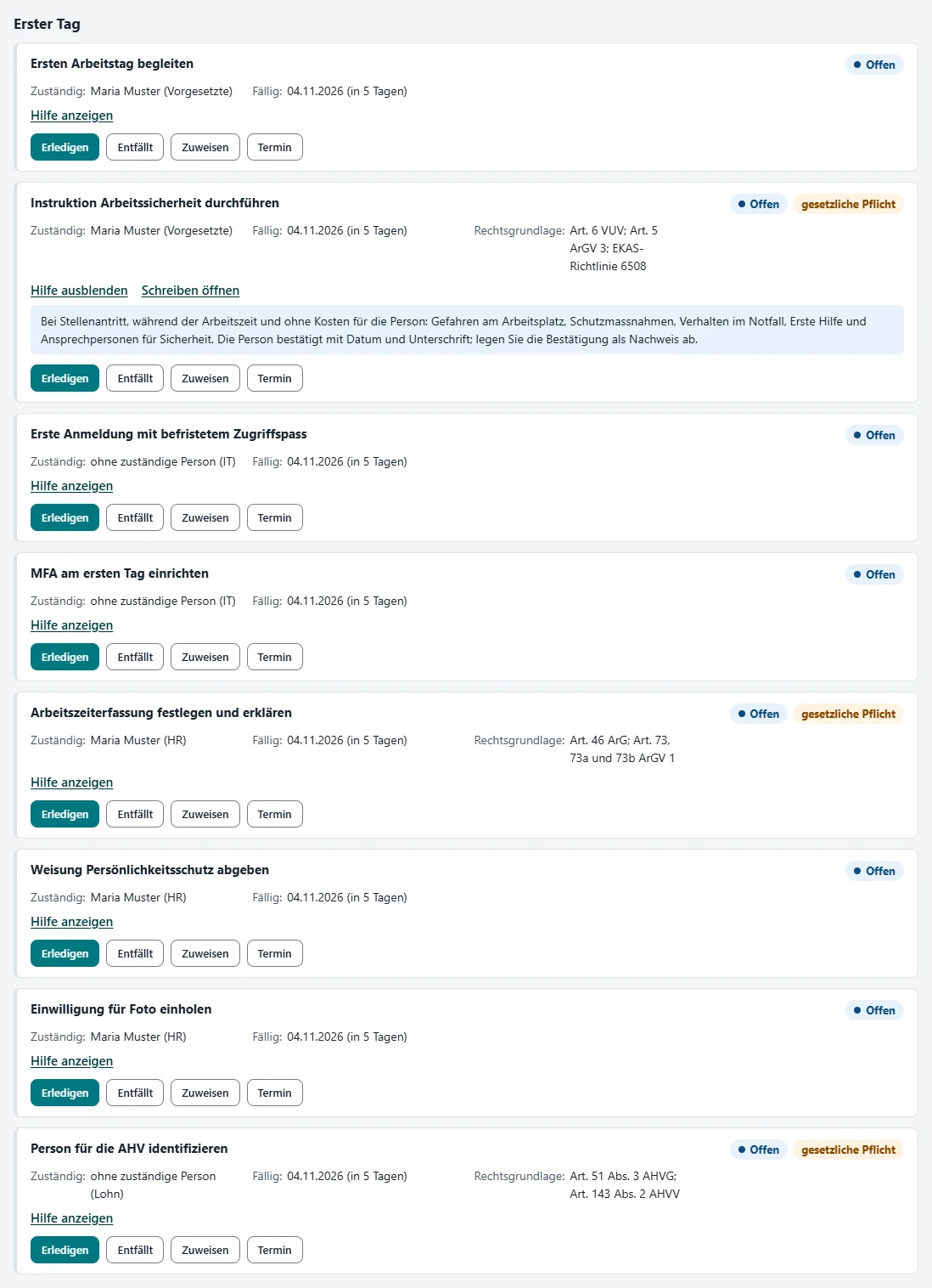 Tasks for the first working day: safety instruction, working time recording and AHV identification marked as statutory duties with their legal basis, the help for the safety instruction expanded. IT tasks such as the first sign-in with a Temporary Access Pass and MFA show "ohne zuständige Person (IT)" (no individual assignee, IT).