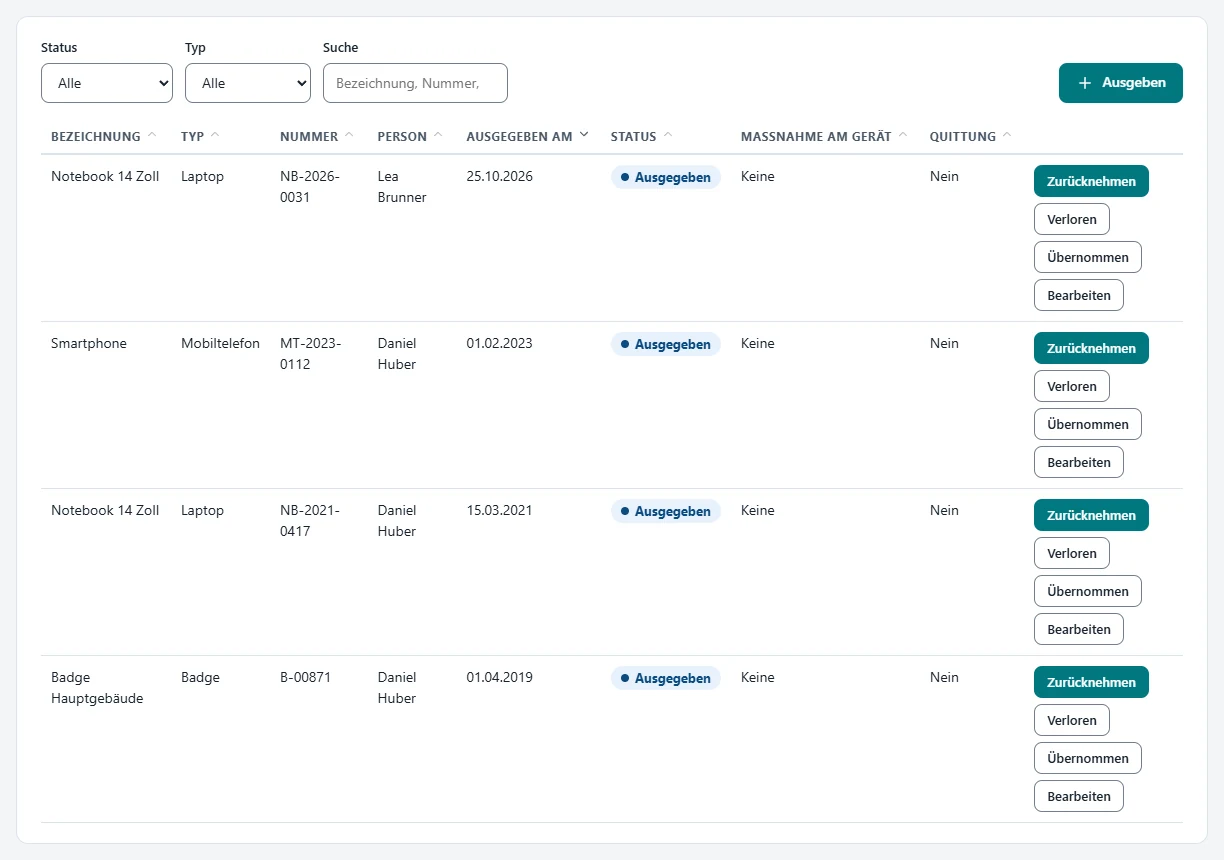Inventory with four issued items, two laptops, a badge and a smartphone, each with type, serial or inventory number, person, date issued, status, device action and receipt; above, filters by status and type.