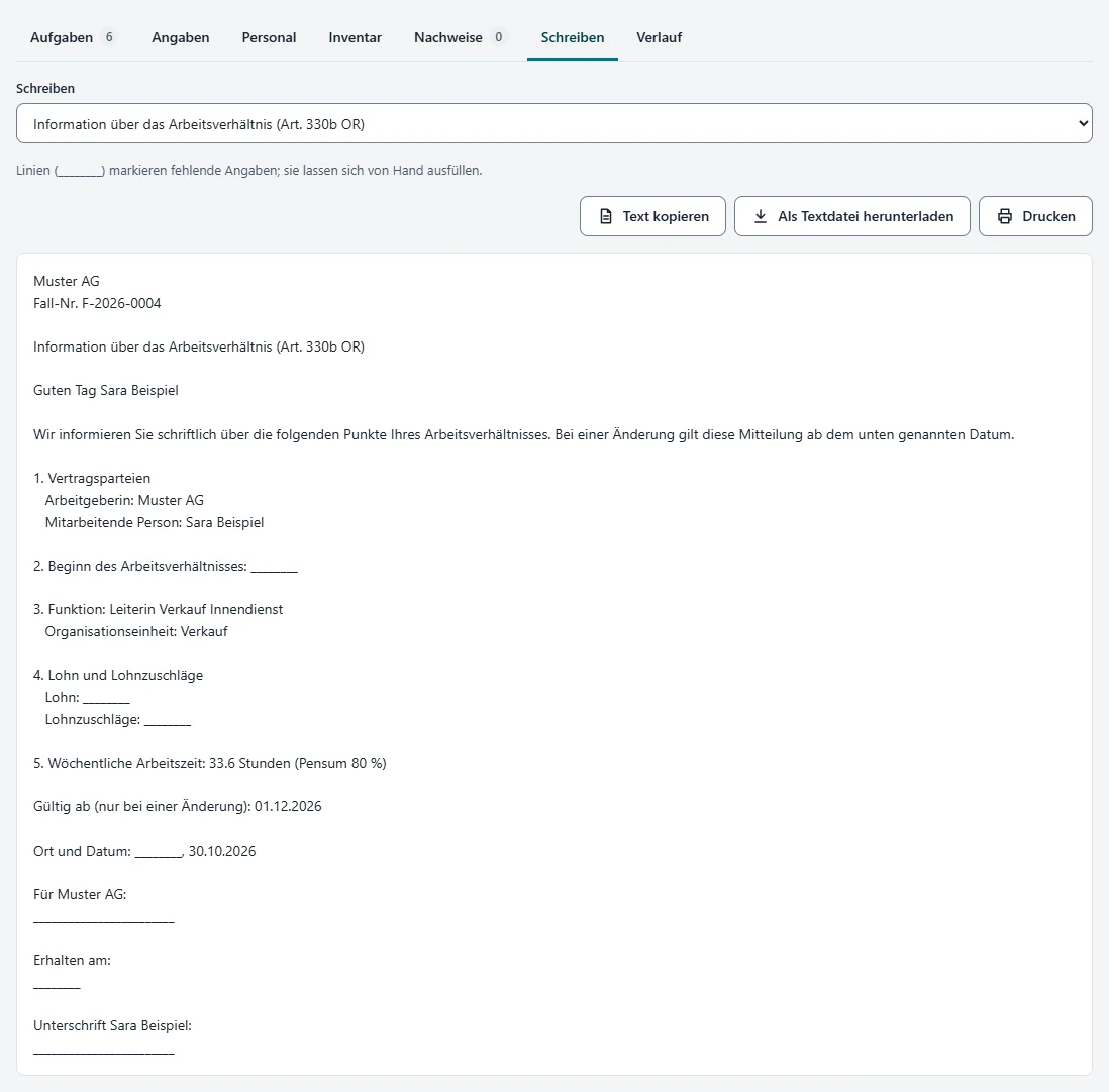 Tab "Schreiben" (letters) in the case "Sara Beispiel": the information on the employment relationship under Art. 330b CO, filled in with company, name, role, organisational unit, weekly hours, workload and "Gültig ab (nur bei einer Änderung): 01.12.2026" (valid from, only for a change); blank lines for salary and missing details; buttons to copy, download as a text file and print.