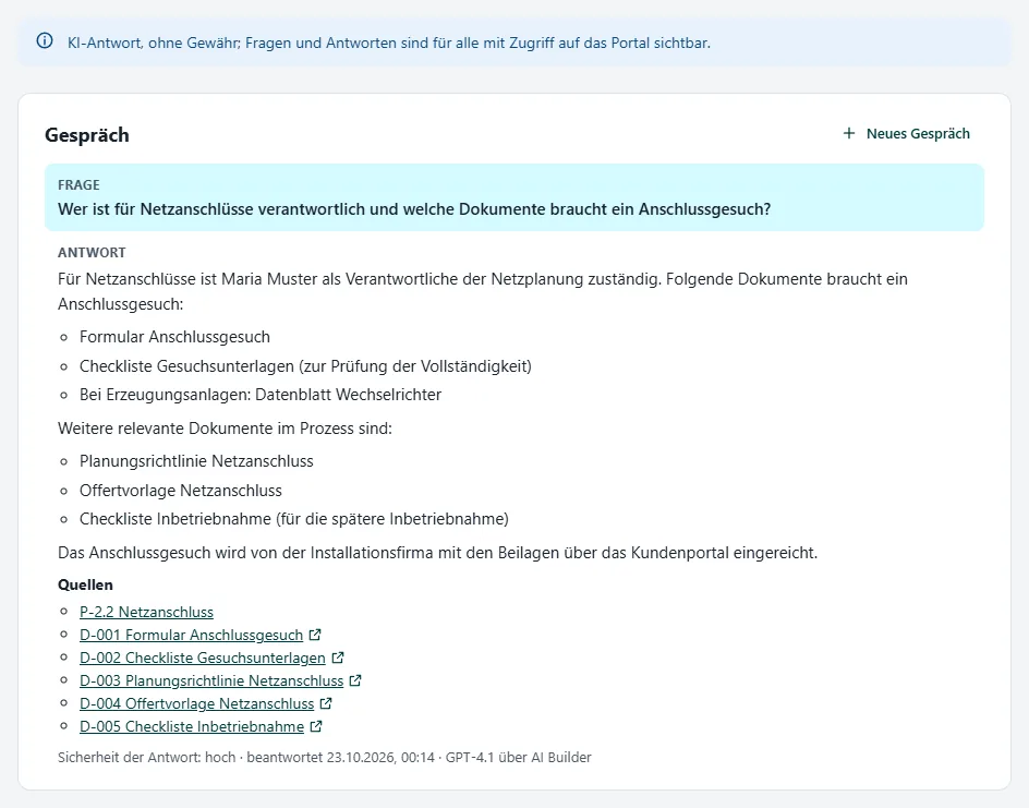 AI assistant with the notice that questions and answers are visible to everyone with access to the portal; a question about who is responsible for grid connections and which documents are needed, answered with a list of documents and sources as links.
