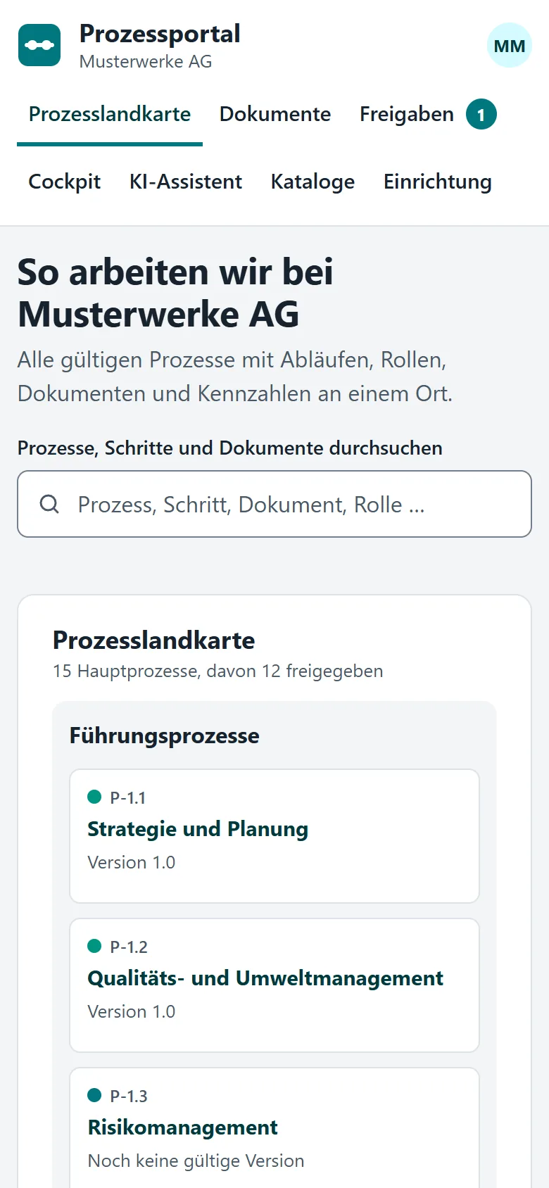 Portal home page on a phone: navigation with process map, documents, approvals, cockpit, AI assistant, catalogues and setup, the title “So arbeiten wir bei Musterwerke AG”, the search field and the start of the process map.
