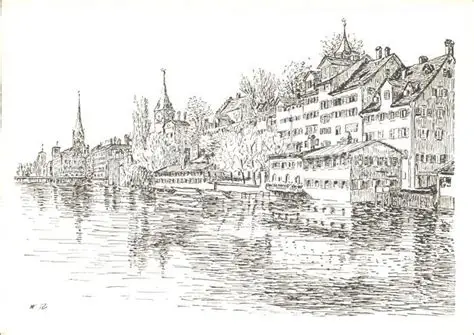 Pen drawing of Zurich's old town on the Limmat