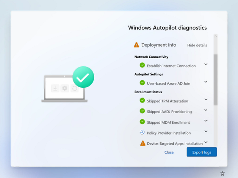 Windows Autopilot Diagnostics mit Status für Netzwerk, Registrierung, Richtlinien und Apps.
