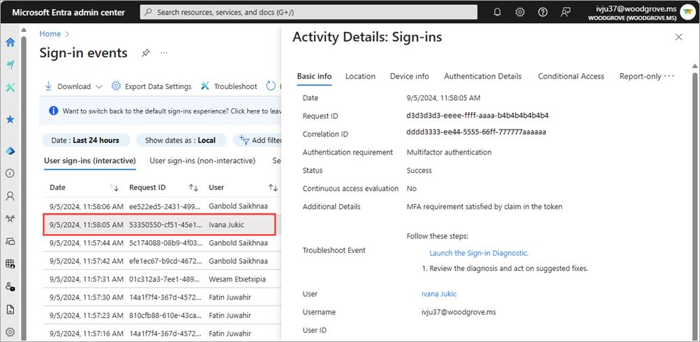 Microsoft Entra Anmeldeprotokoll mit geöffneten Aktivitätsdetails für eine Anmeldung.