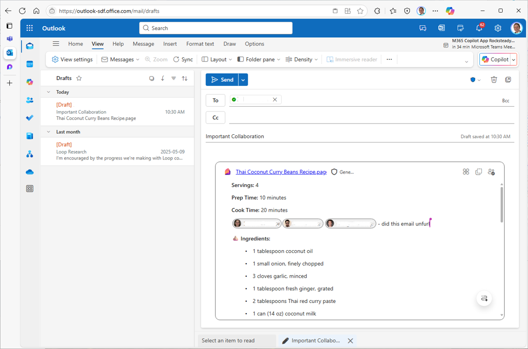 Outlook im Web mit einem gemeinsam bearbeiteten Loop-Baustein in einem E-Mail-Entwurf.