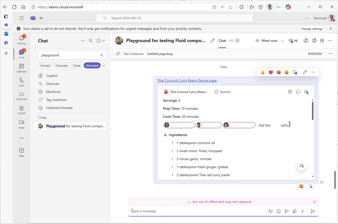 Microsoft Teams Chat mit einem eingebetteten, gemeinsam bearbeiteten Loop-Baustein.