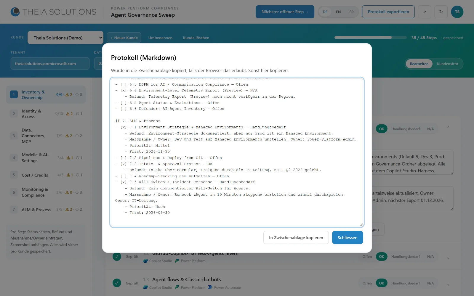 Protokoll-Export des Sweeps als Markdown mit Befund, Massnahme, Priorität und Frist pro Prüfpunkt