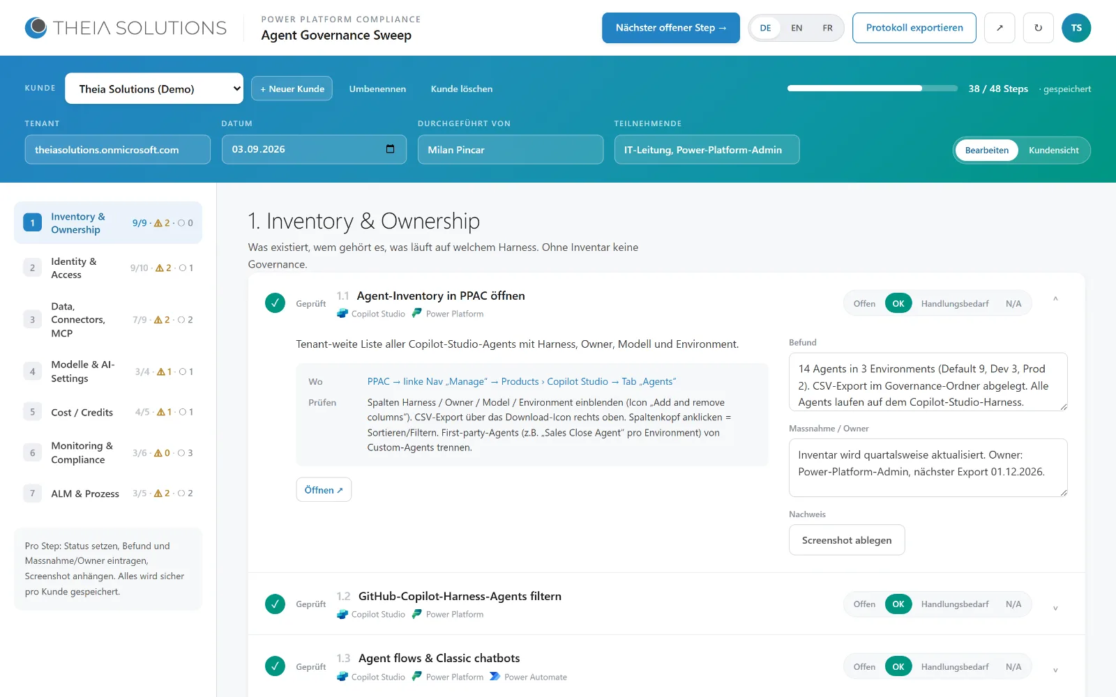 Agent Governance Sweep: Bereich Inventory & Ownership mit Status, Befund und Massnahme pro Prüfpunkt