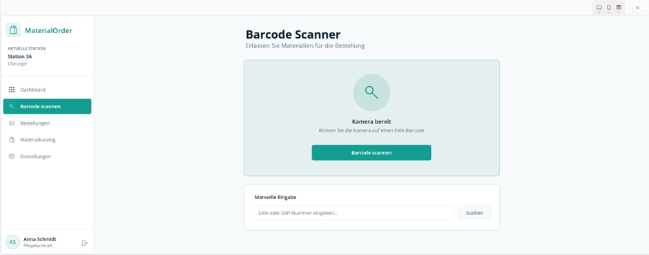 MaterialOrder Barcode-Scanner mit Kamera-Vorschau und manueller EAN-Eingabe