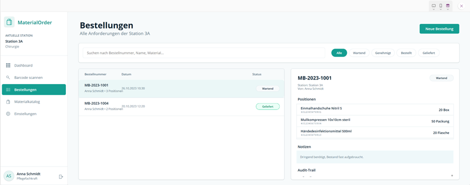 MaterialOrder Bestellliste mit Status-Filter, Detail-Panel und Audit-Trail