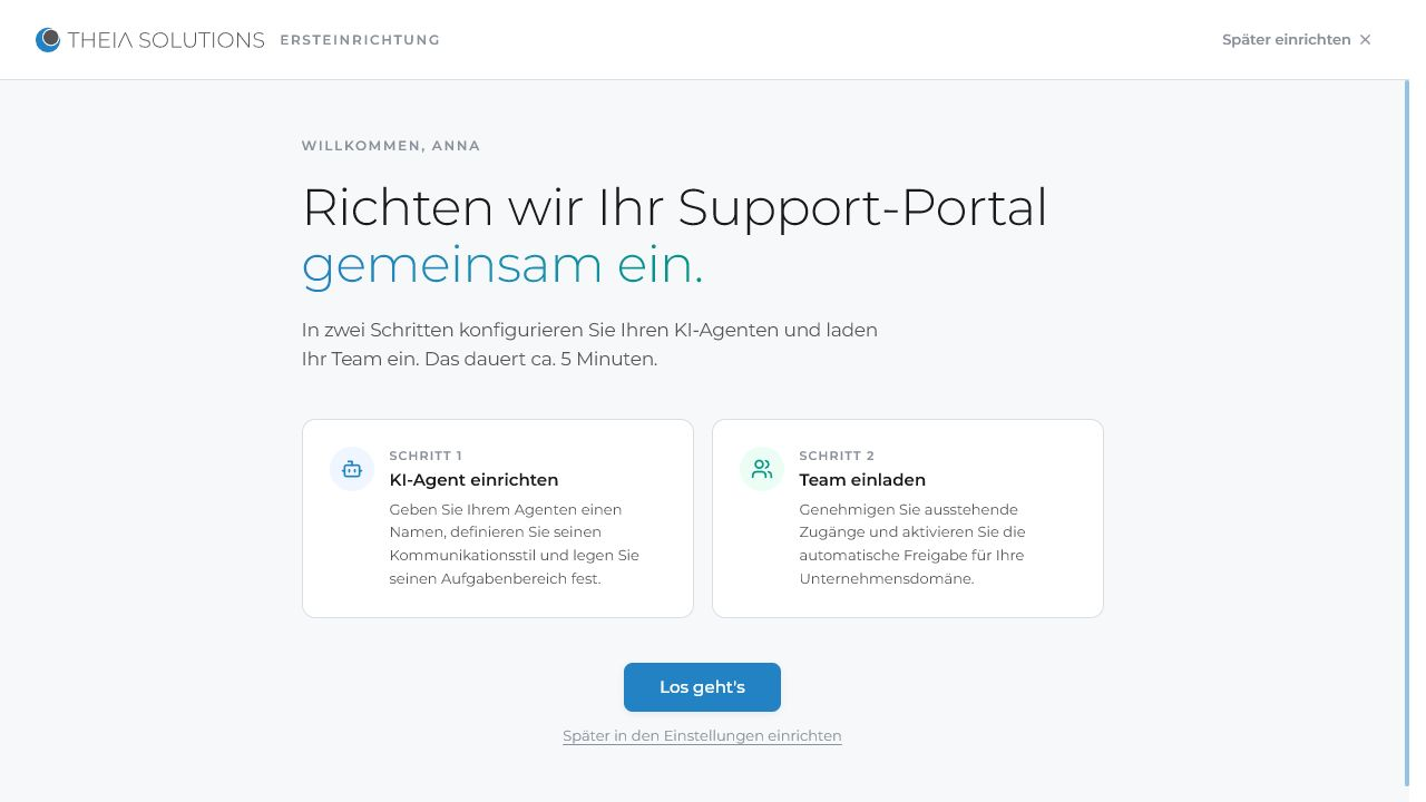 Theia Support Portal setup showing the steps to configure the agent and invite the team.