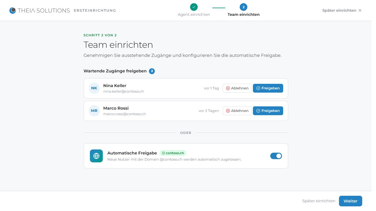 Team setup with two pending sample access requests and automatic approval for a company domain.