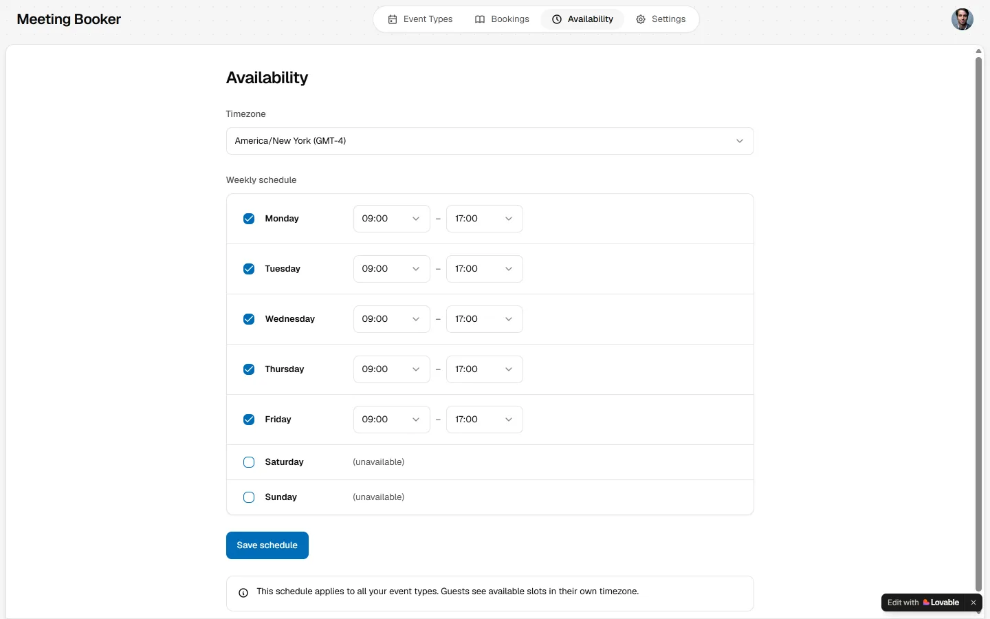 The same Lovable app: weekly-schedule form for managing availability