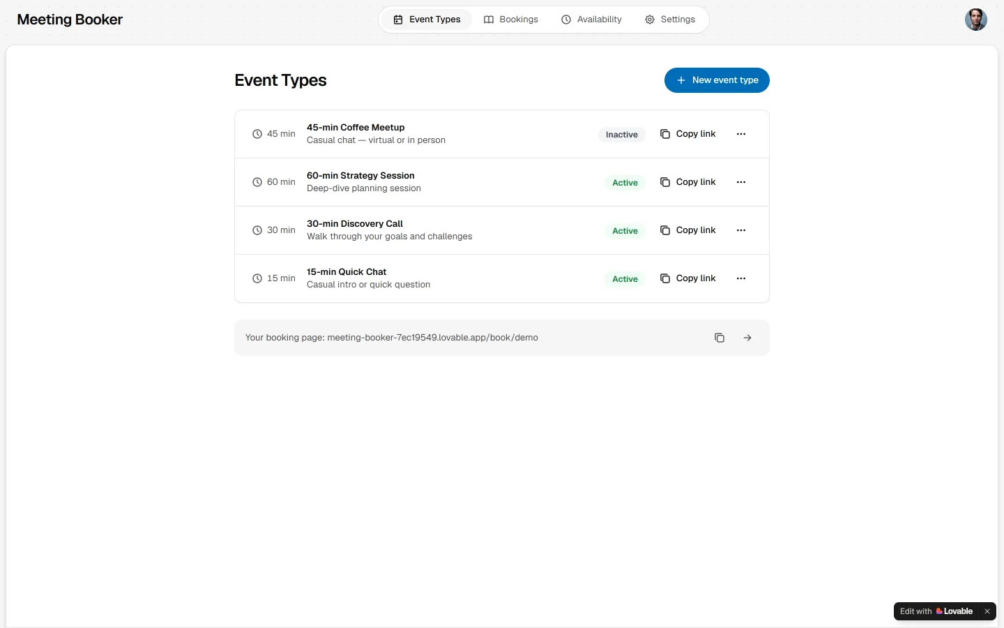 Live demo of a booking app built with Lovable: list of event types with status and actions
