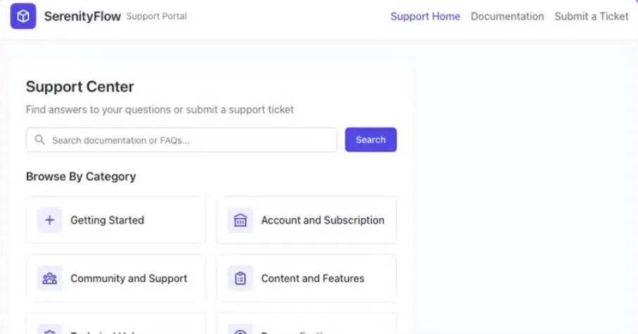 Support portal built with Replit: search and topic categories