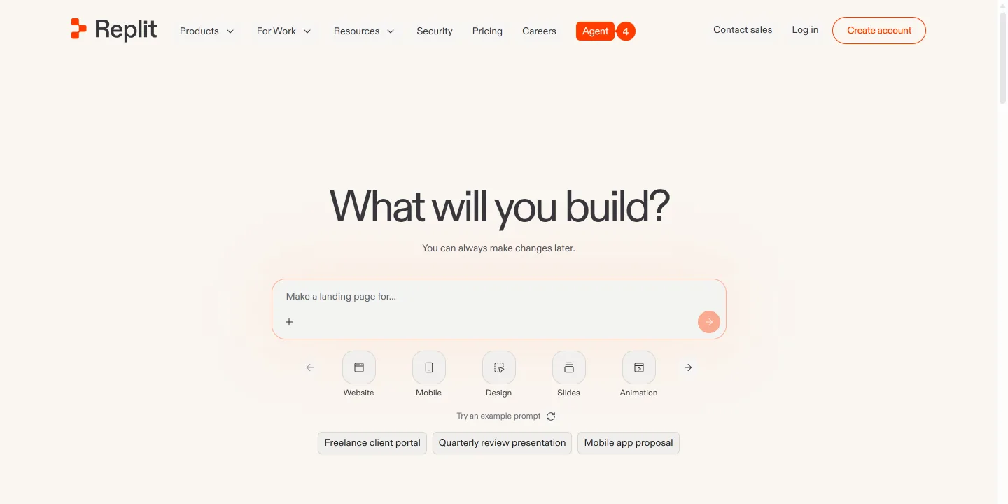 Replit home page with the headline “What will you build?” and its prompt box